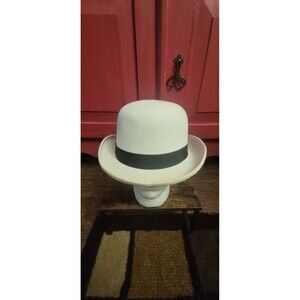 Stacy Adams Medium Ivory Wool Felt Derby Bowler Hat Feather Accent Church EUC